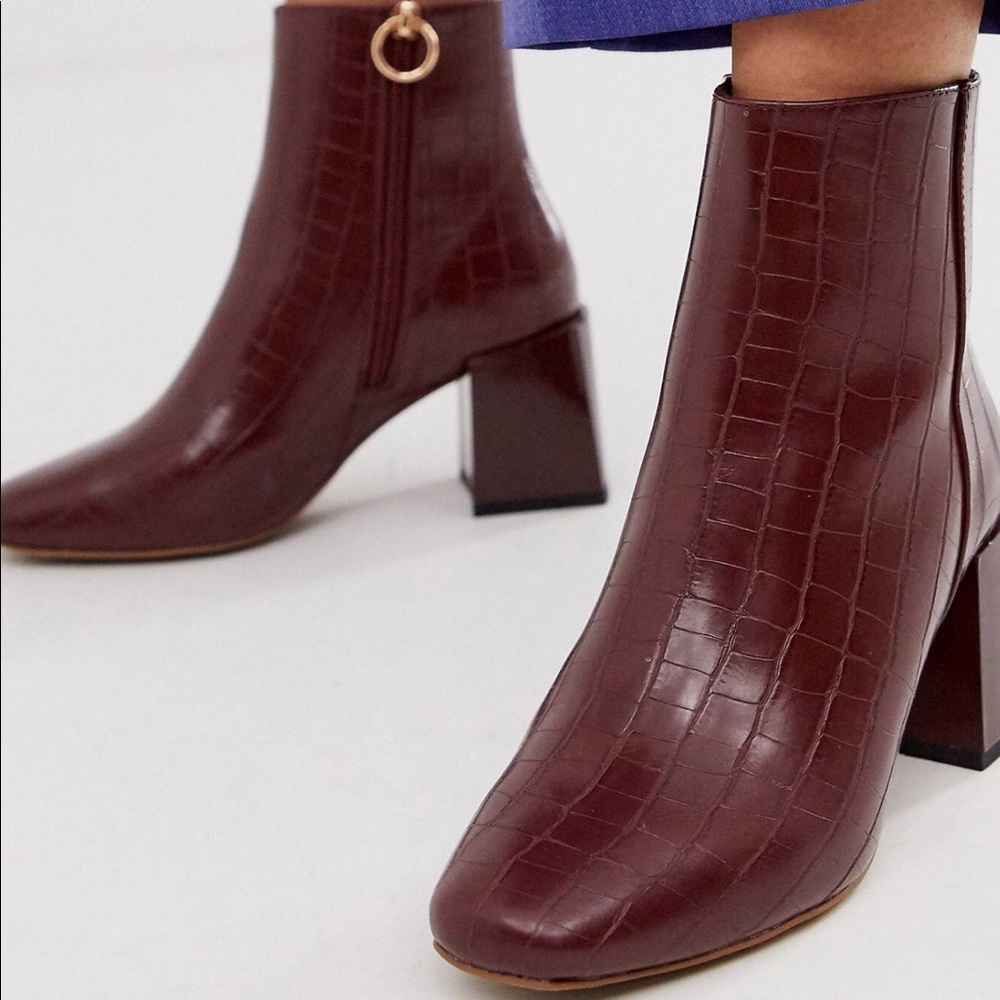 Asos Wide Fit brow/burgundy croc heeled boots